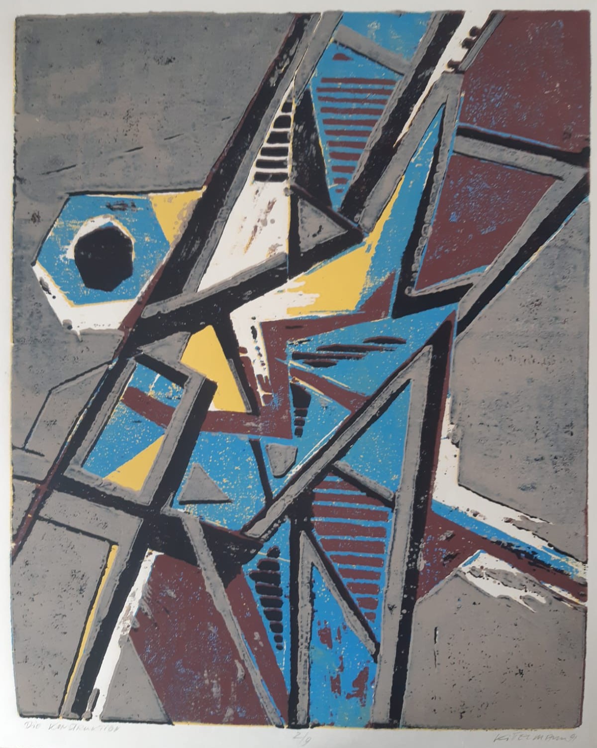 Konstruktion, 1991, einer von nur 9 Drucken, fünffarbiger Holzschnitt, Druckplatten 56 x 44 cm, Papiermaße 60 x 50 cm, 140 €