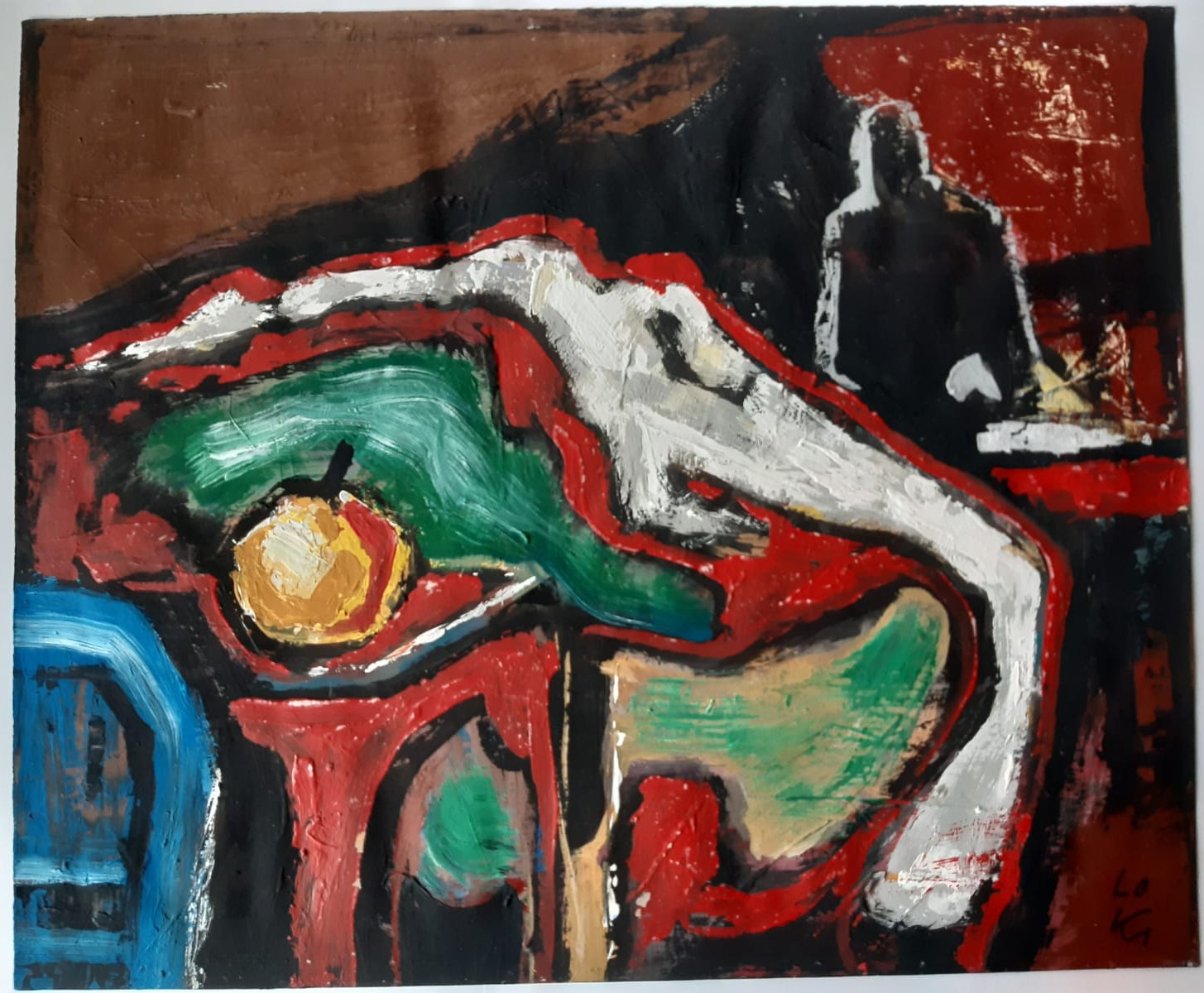 Sillleben mit Tuch, mit Apfel, Gouache auf starkem Karton, ohne Jahr, 50 x 61 cm, 340 €