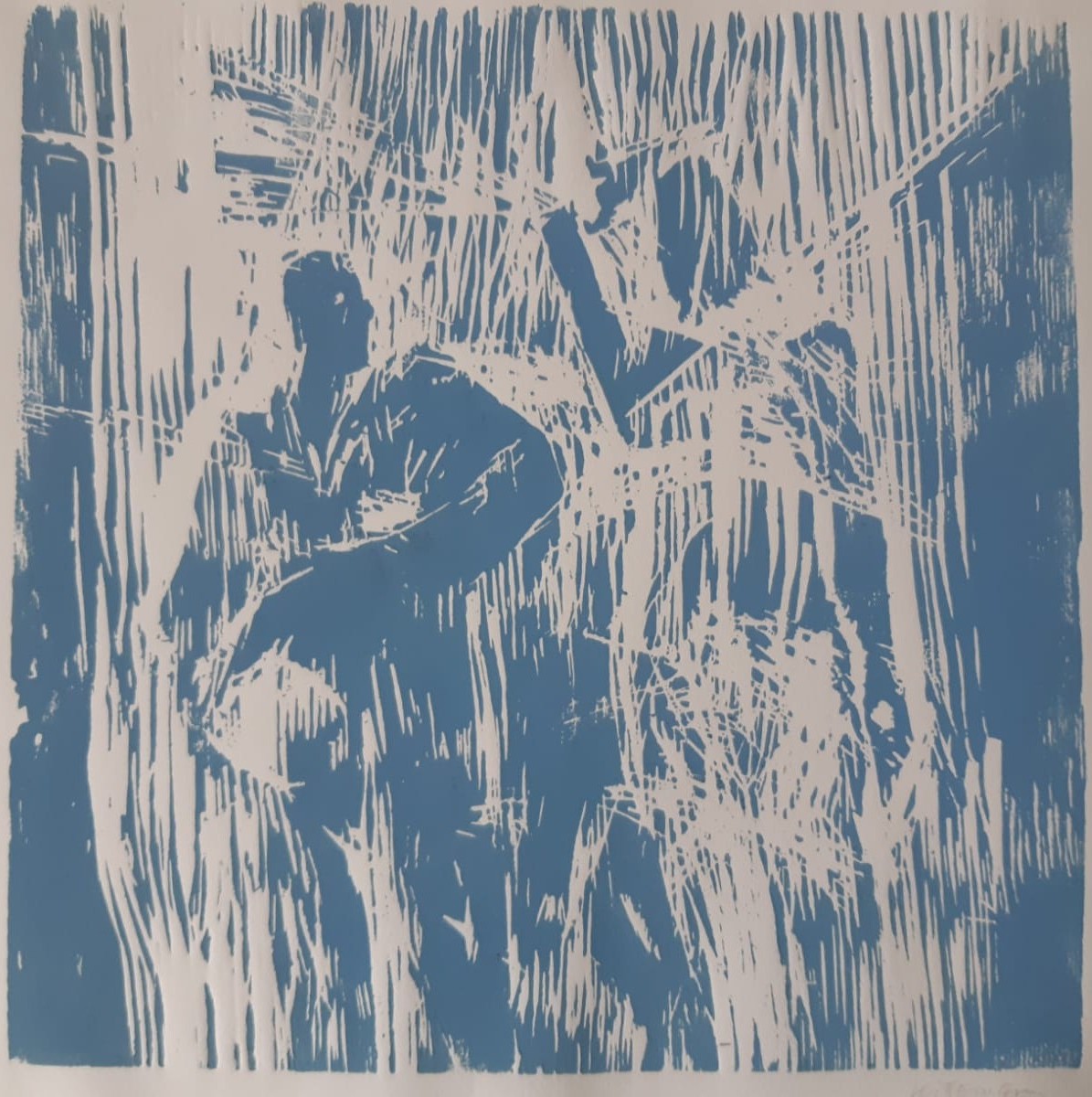 o.T. (Paar in Blau), Holzschnitt, Druckplatte 40 x 40 cm, einfarbig, 70 €