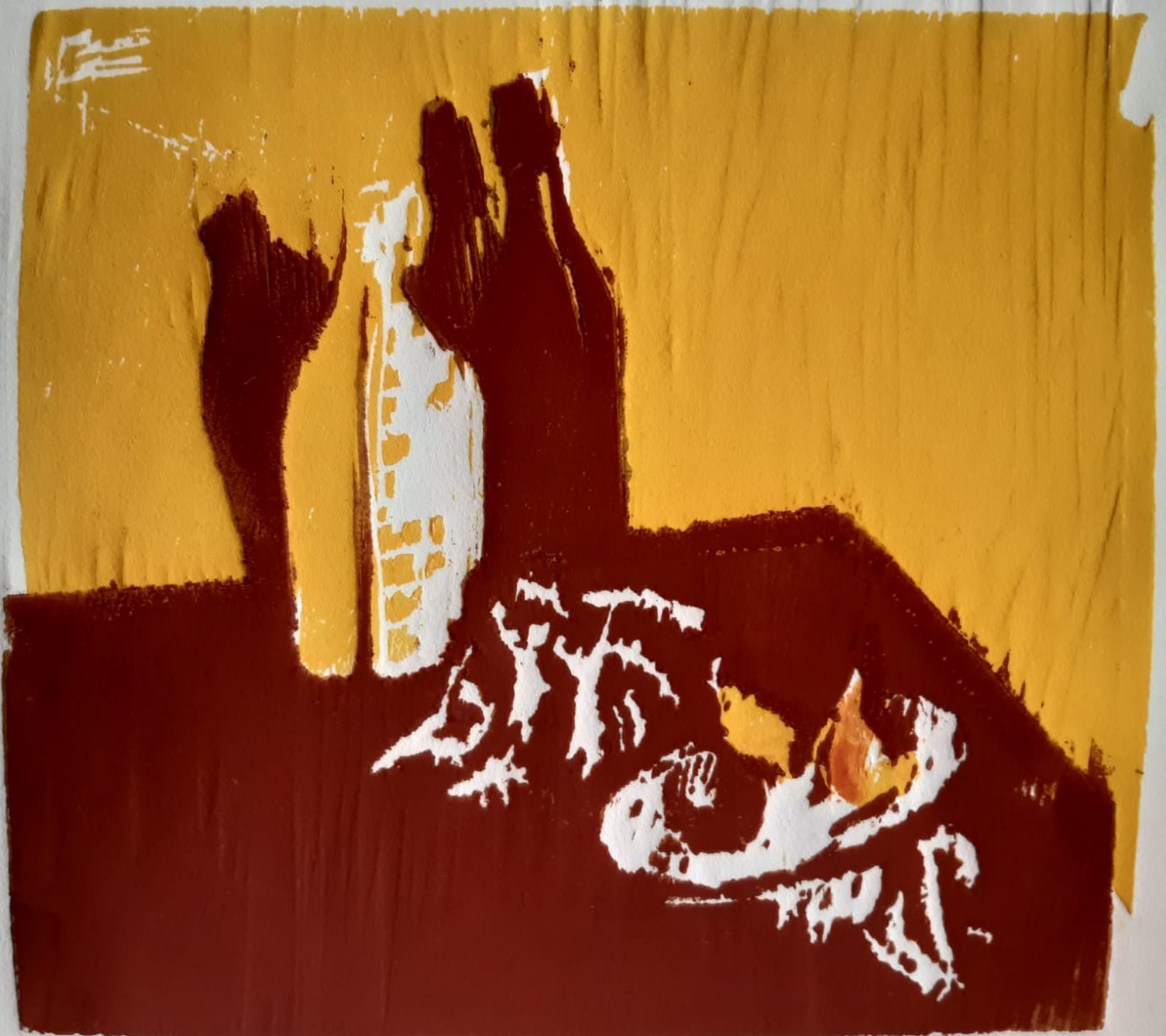 o.T. (Stillleben mit Flaschen), zweifarbiger Holzschnitt, Druckplatten 22 x 23 cm, Papiermaße 50 x 33 cm, 70 €